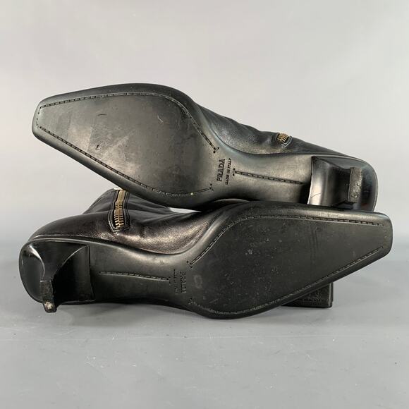 PRADA Size 7 Black Leather Kitten Heel Side Zipper Belted Ankle Boots - Picture 6 of 10